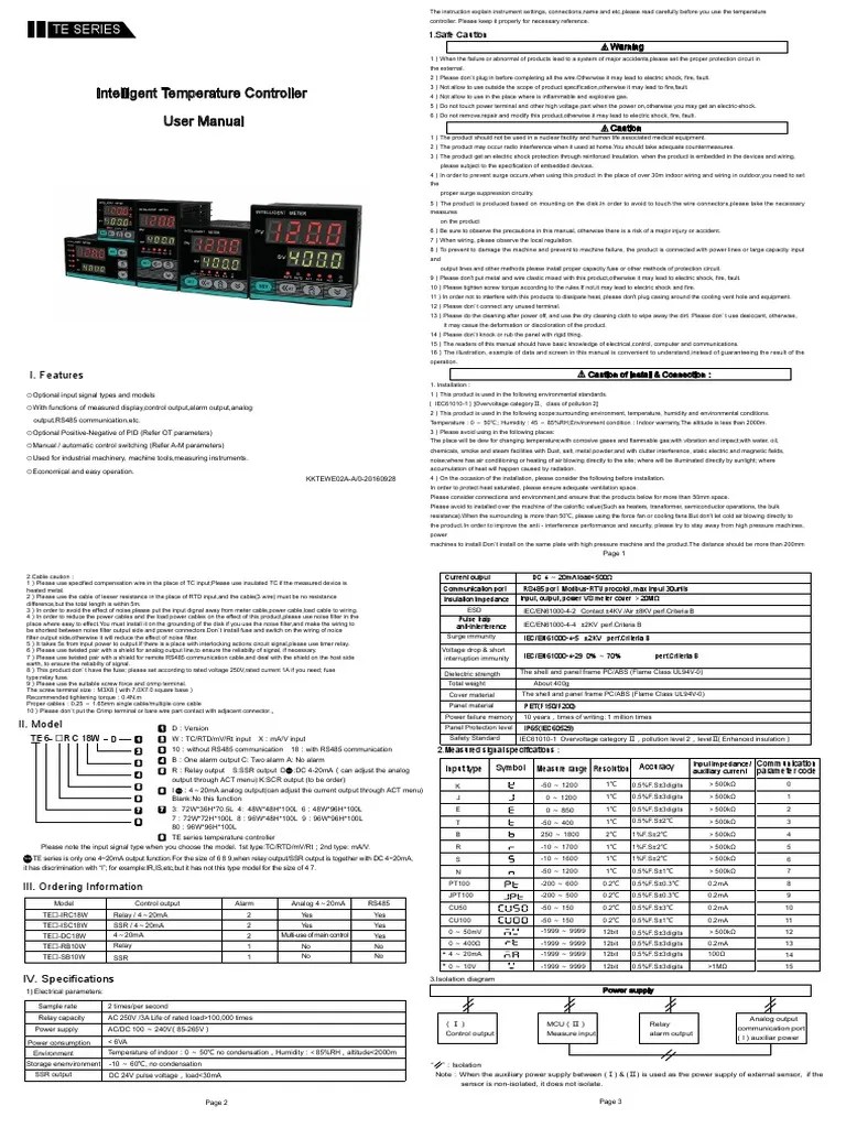 Intelligent Temperature Controller User Manual: Te Series | PDF | Power