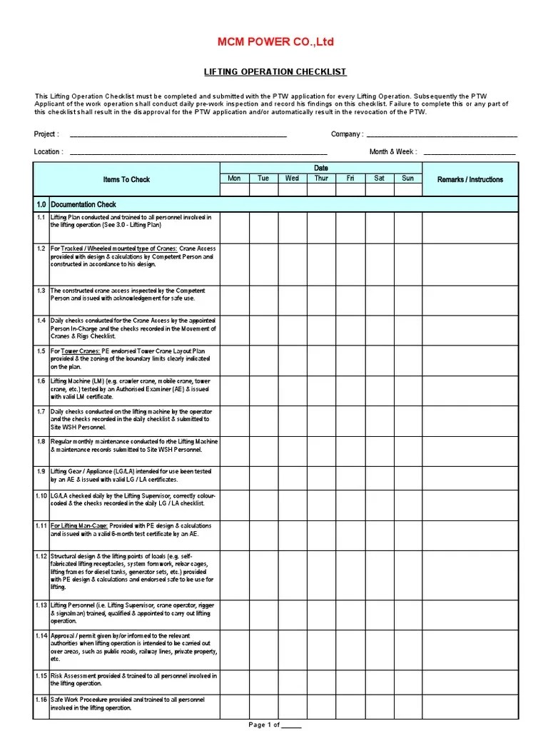 Lifting Operation Checklist PDF Crane (Machine)