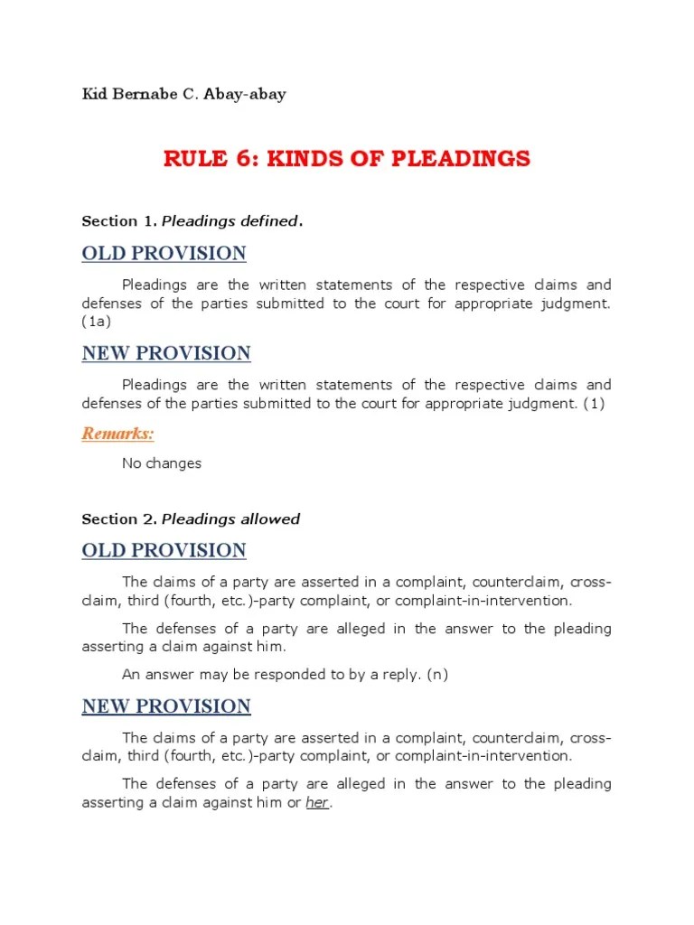 Rule 6 Kinds of Pleadings Old Provision PDF Affirmative Defense