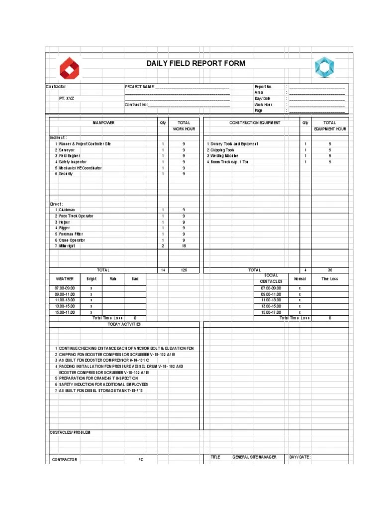 Daily Field Report Form PDF Manufactured Goods Mechanical Engineering