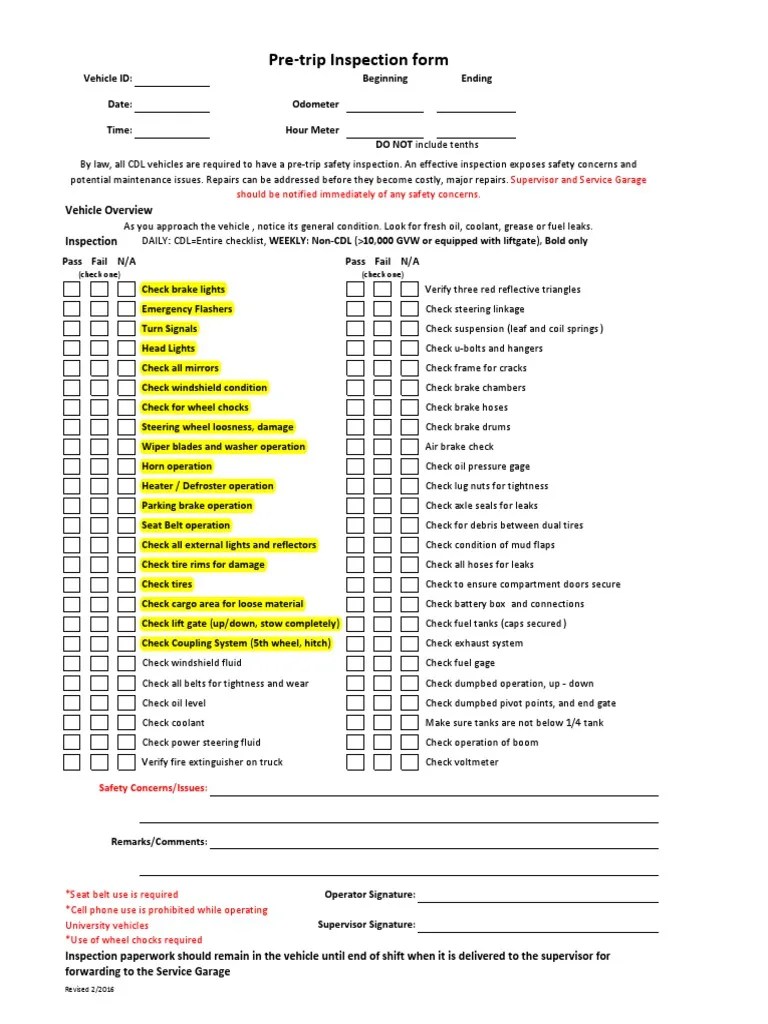 PreTrip Inspection Form PDF Vehicles Brake