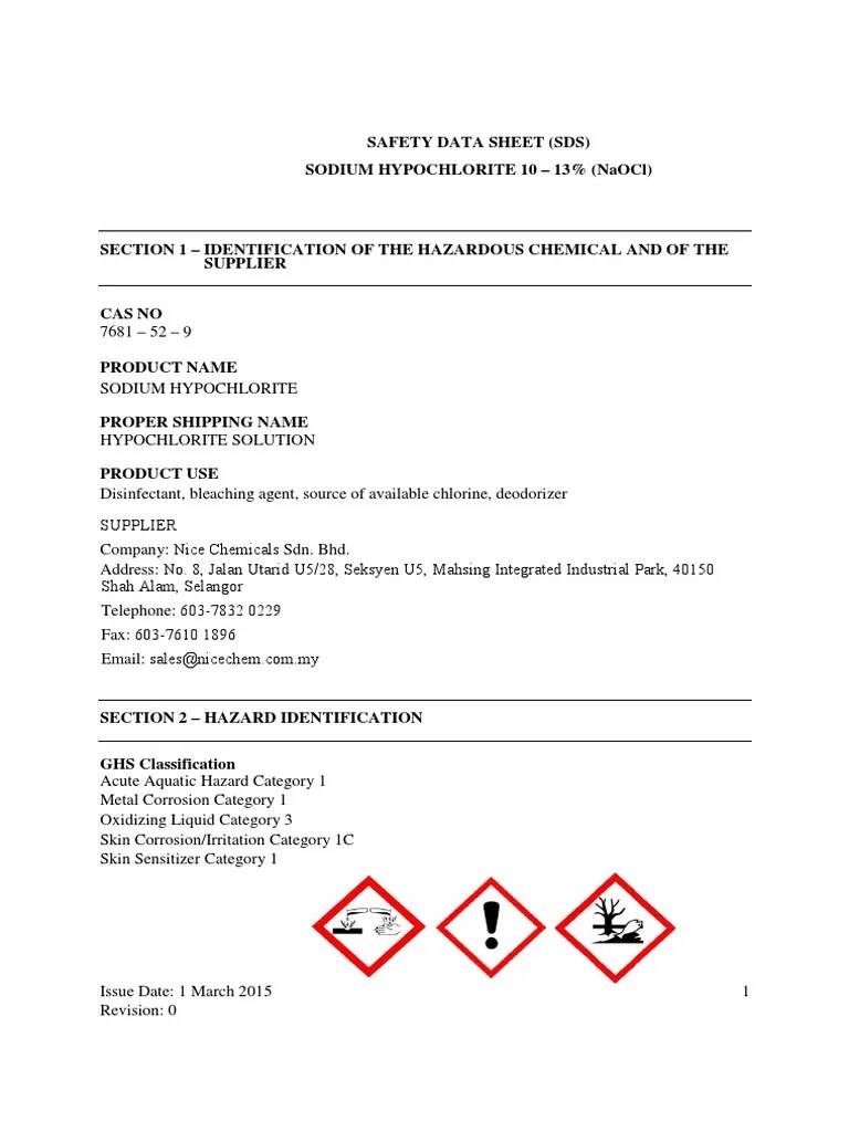 Safety Data Sheet for Sodium Hypochlorite 1013 Solution Hazards
