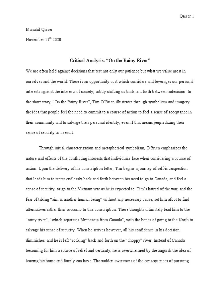 Critical AnalysisOn The Rainy River PDF Metaphysics Of Mind