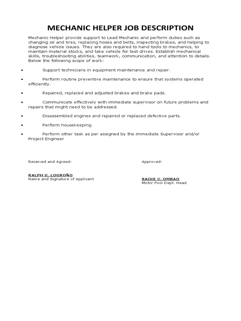 Helper Mechanic Job Description PDF