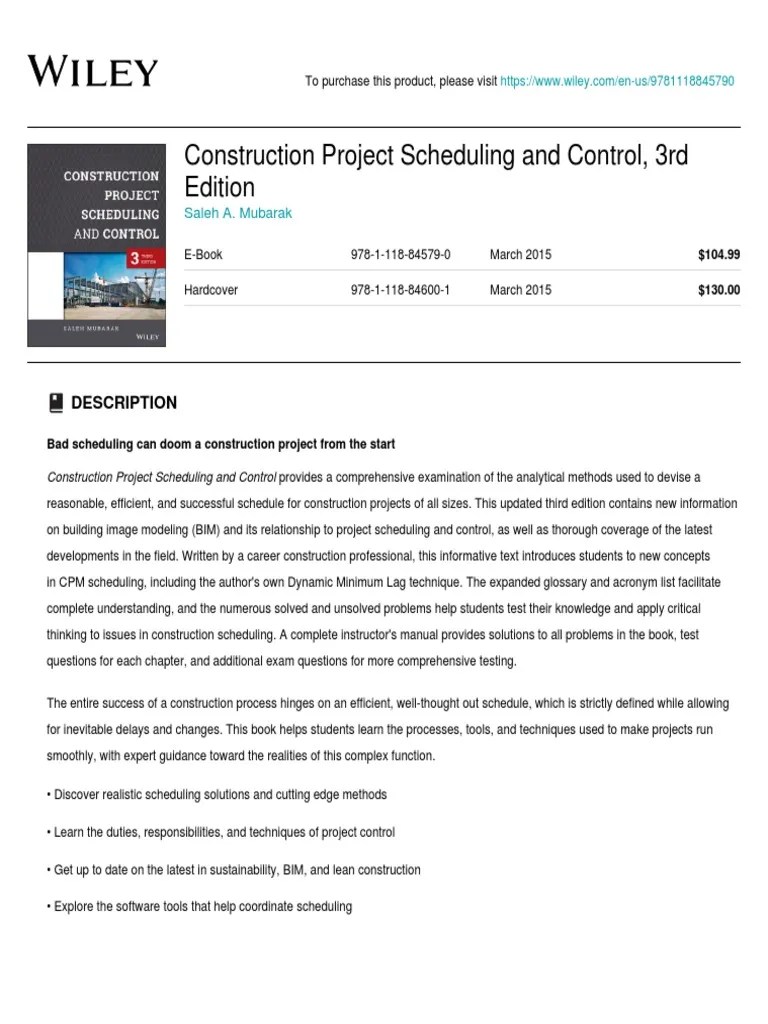 Wiley Construction Project Scheduling and Control, 3rd Edition 978