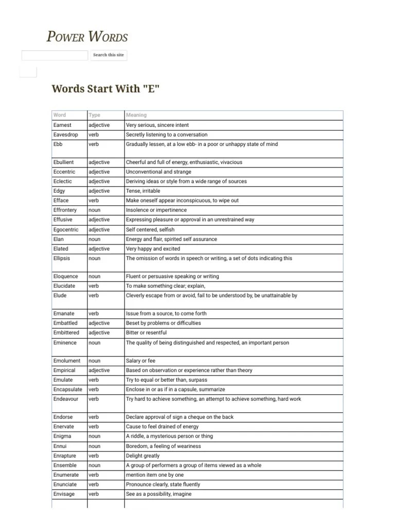 Words Start With E Power Words PDF Adjective Verb