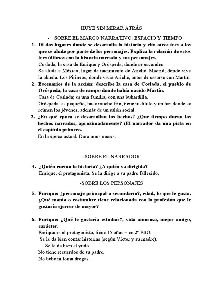 HUYE SIN MIRAR ATRÁS CUESTIONARIO Soluciones PDF Narrativa