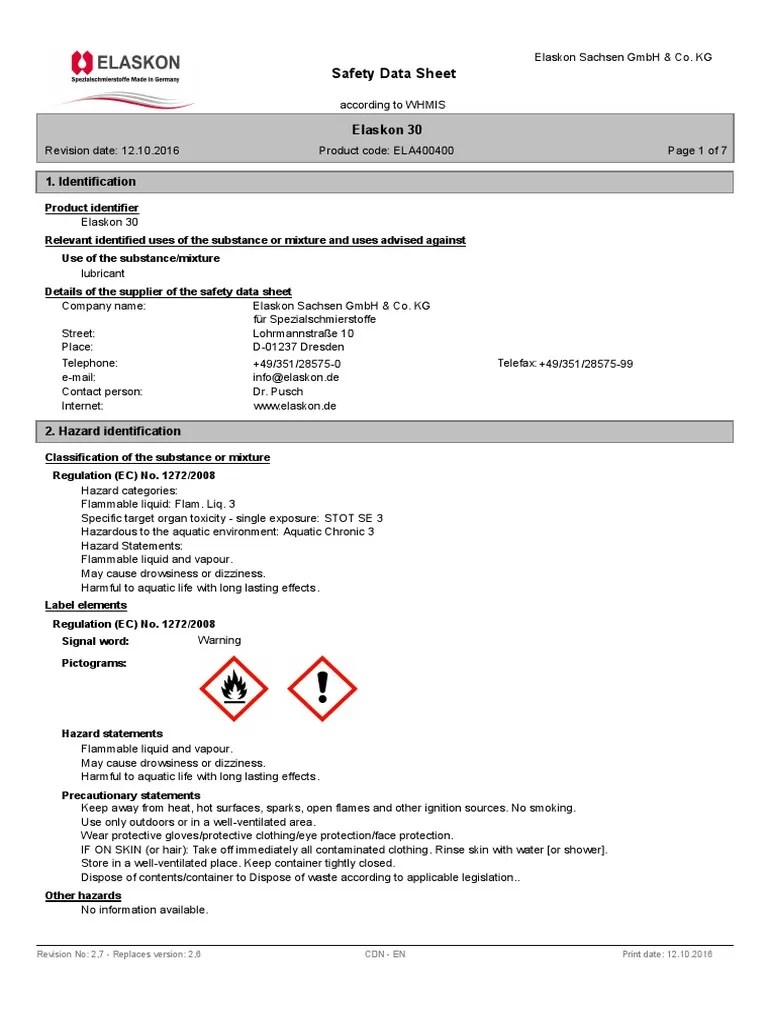Safety Data Sheet for Elaskon 30 Lubricant PDF Water Safety