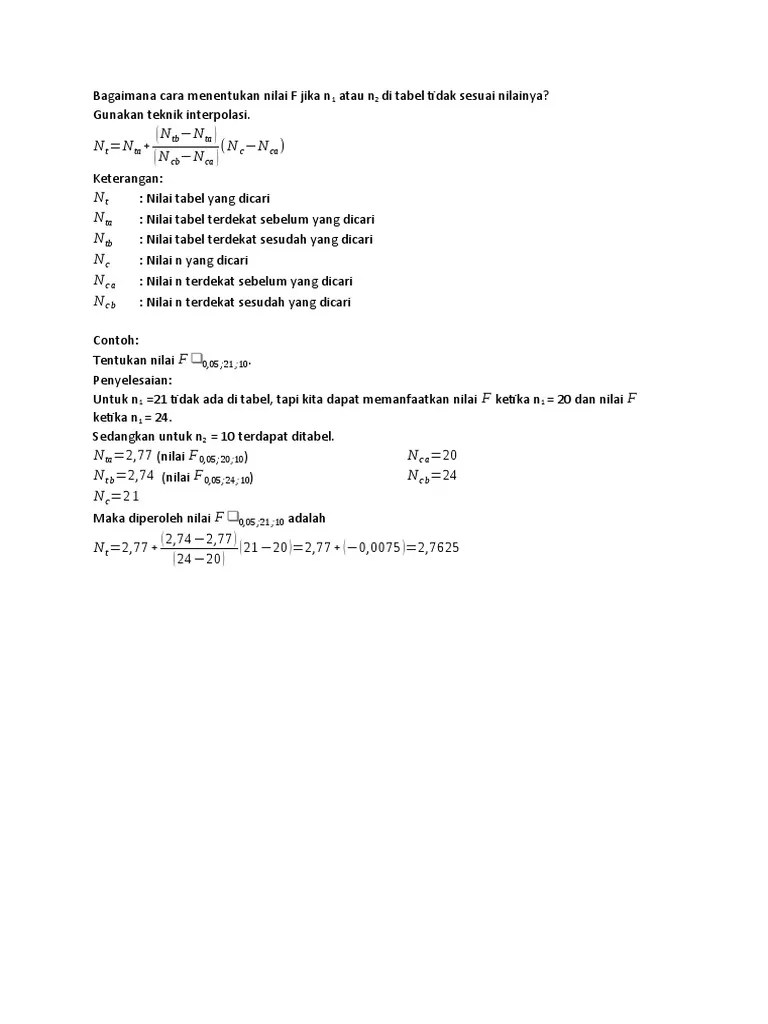 Bagaimana Cara Menentukan Nilai F Jika n1 Atau n2 Di Tabel Tidak Sesuai  Nilainya | PDF