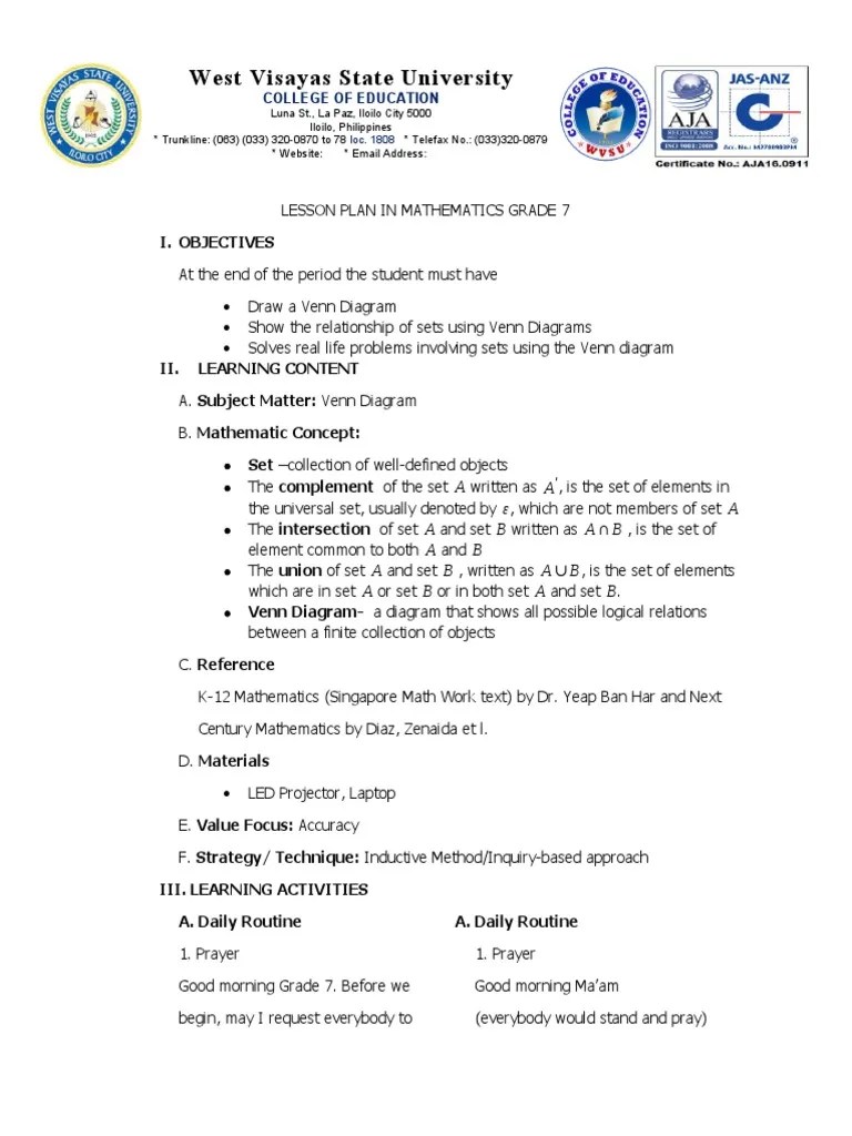 Lesson Plan in Mathematics Grade 7 (Venn Diagram) | PDF | Teachers