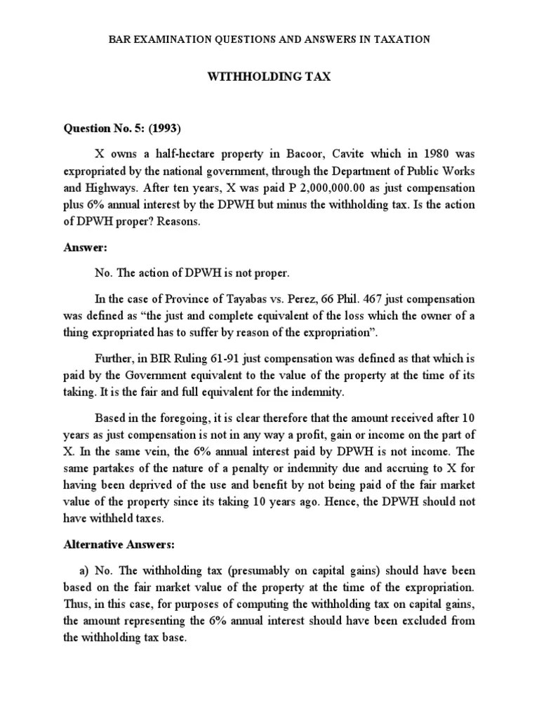 Withholding Tax Bar Examination Questions and Answers in Taxation