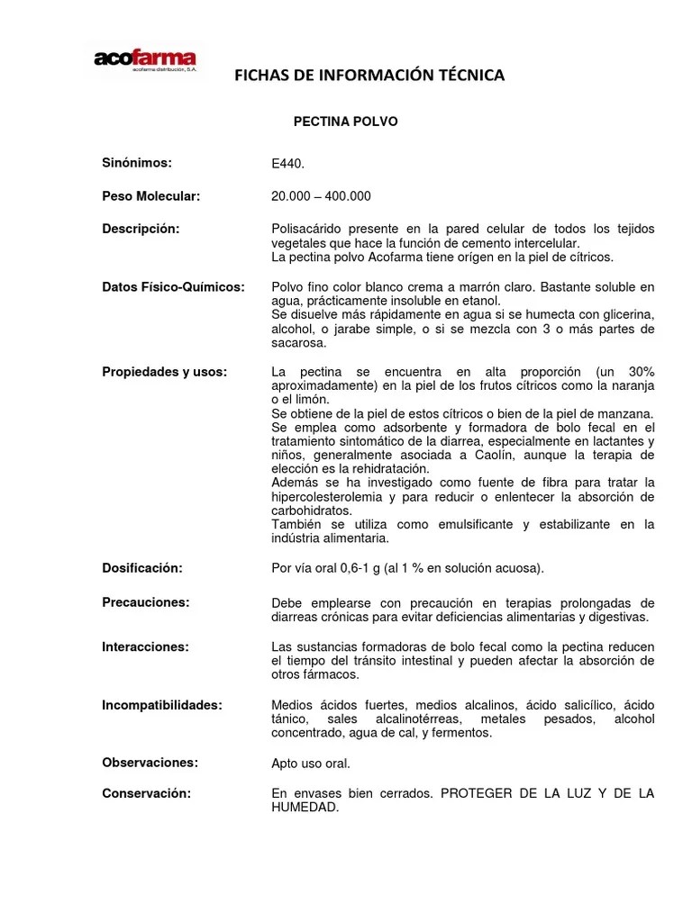 Fichas de Información Técnica Pectina Polvo PDF Diarrea