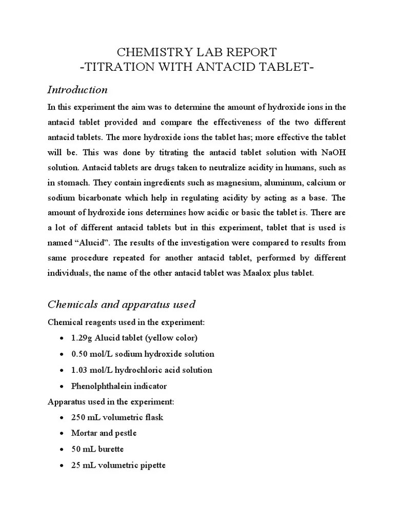 Chemistry Lab Report Titration With Antacid Tablet PDF Titration