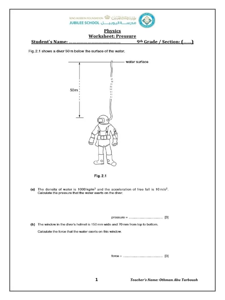 Grade 9 Worksheet Pressure PDF
