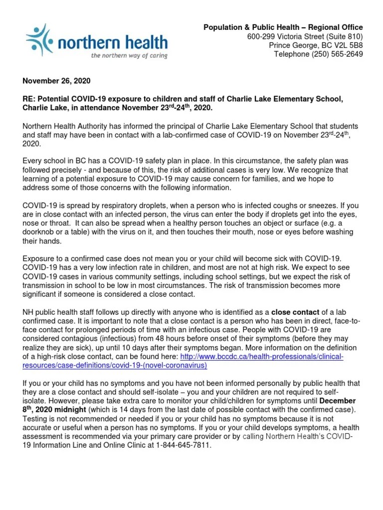 Northern Health Covid Letter Charlie Lake Elementary School Nov 26
