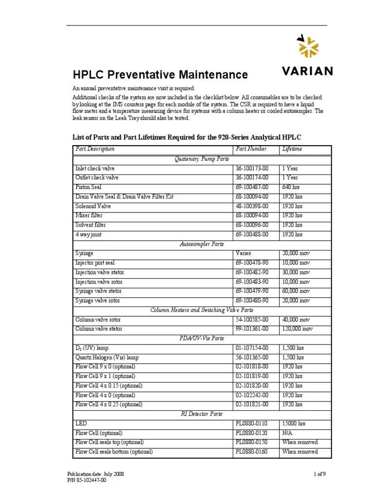 HPLC Preventative Maintenance Checklist PDF Valve Ultraviolet