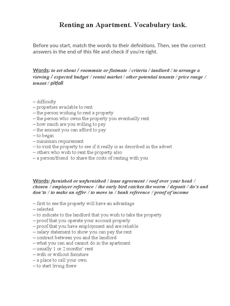 Renting An Apartment Voc+text PDF Renting Roommate