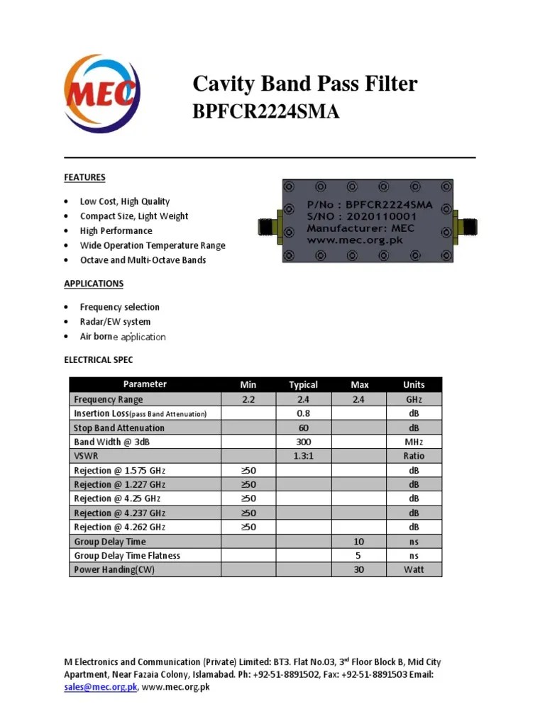 Band Pass Filter Bpfcr2224sma PDF Decibel Filter (Signal Processing)