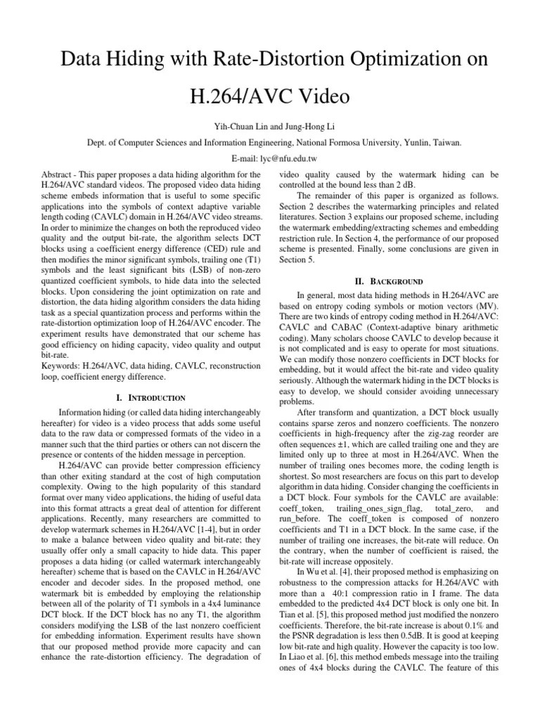 Data Hiding With RateDistortion Optimization On H.264/AVC Video PDF
