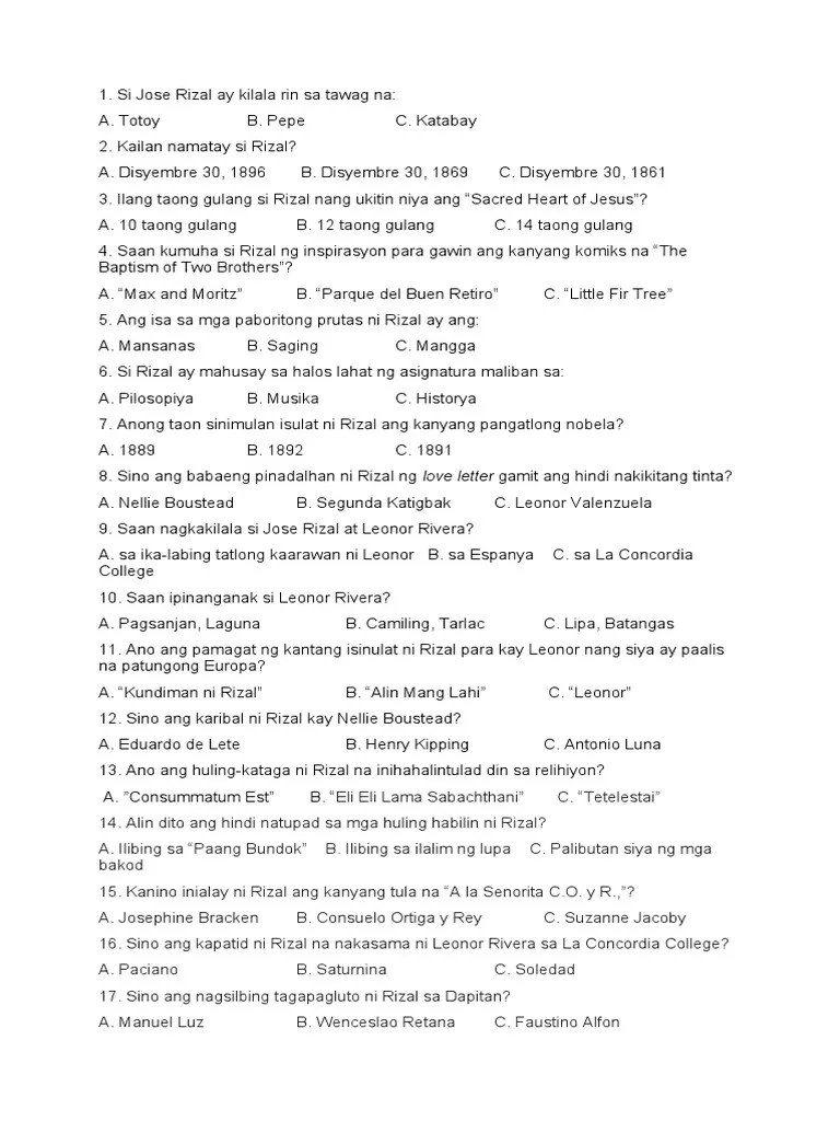 Life and Works of Rizal Questions PDF