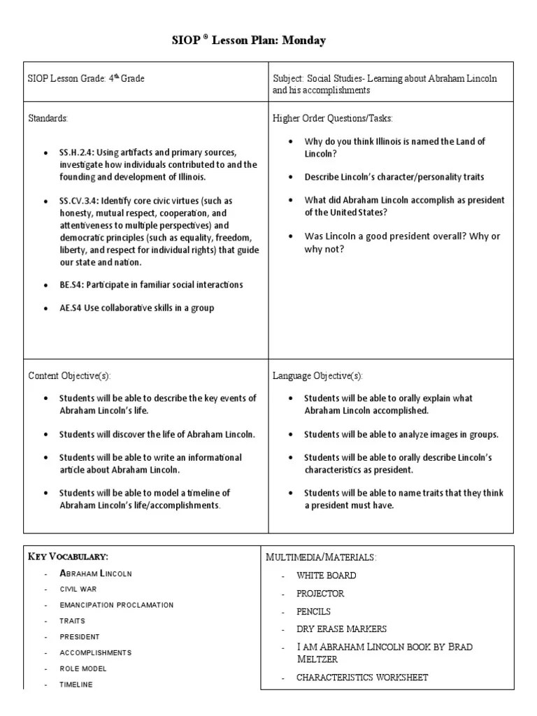 Siop Lesson Plan Template 4 Final PDF Reading Comprehension Psychological Concepts