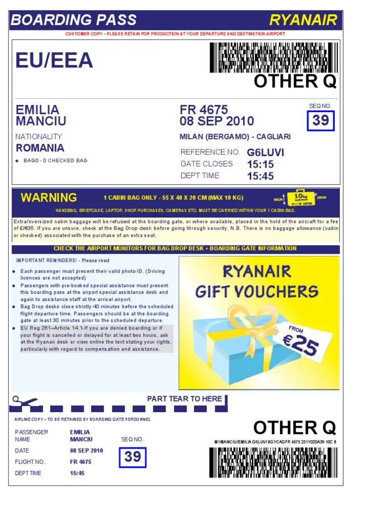 Ryanair Boarding Pass PDF Aviation Transport
