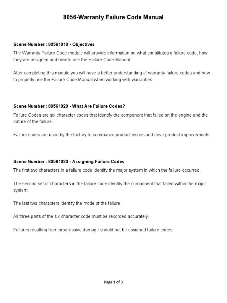 8056Warranty Failure Code Manual PDF Failure Computing