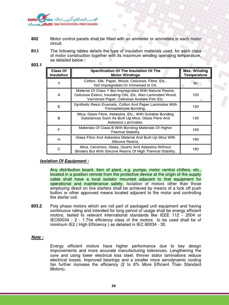 Class of Insulation Specification of The Insulation of The Motor
