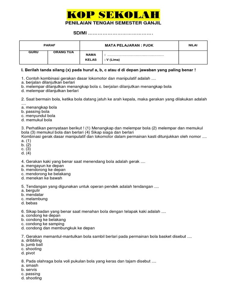 SOAL PTS-UTS PJOK Kelas 5 Semester 1 | PDF