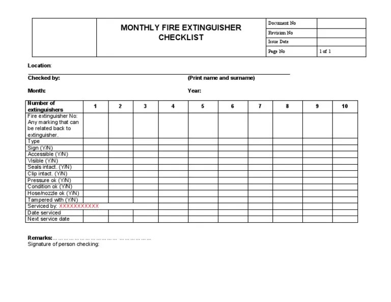 Monthly Fire Extinguisher Checklist PDF