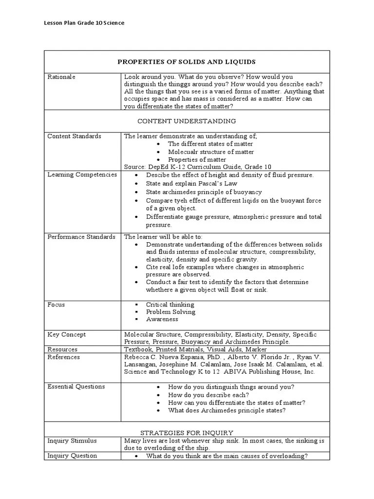 Properties of Solids and Liquids Lesson Plan Grade 10 Science PDF