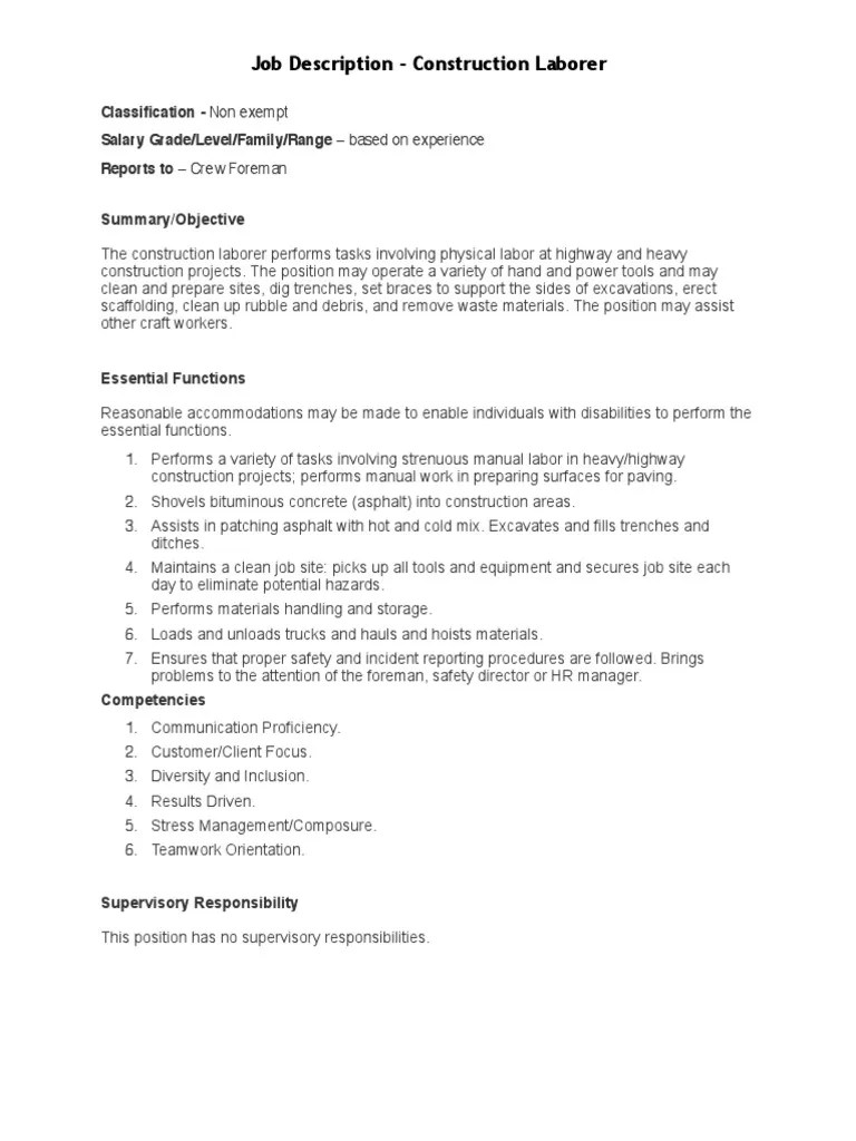 Construction Laborer Job Description PDF Asphalt Employment