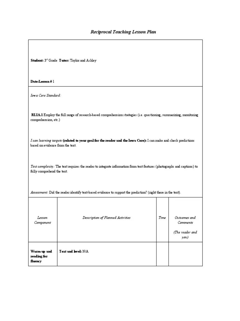 Reciprocal Teaching Lesson Plan Student PDF Reading Comprehension Pedagogy