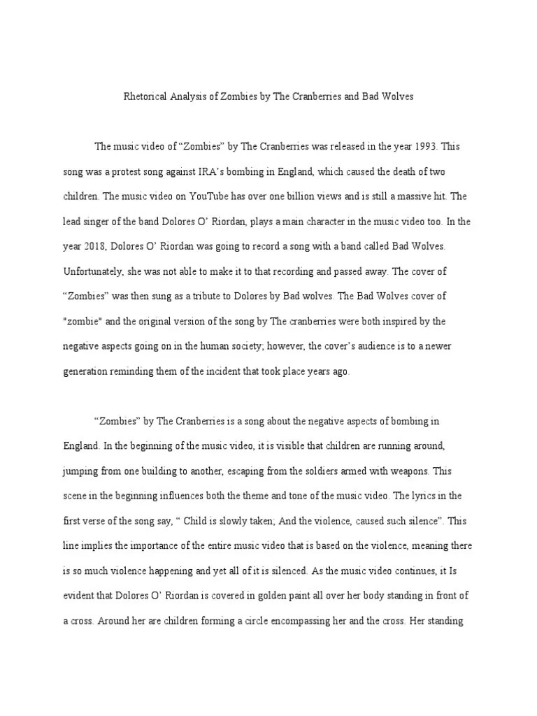 Rhetorical Analysis of Zombies by The Cranberries and Bad Wolves PDF