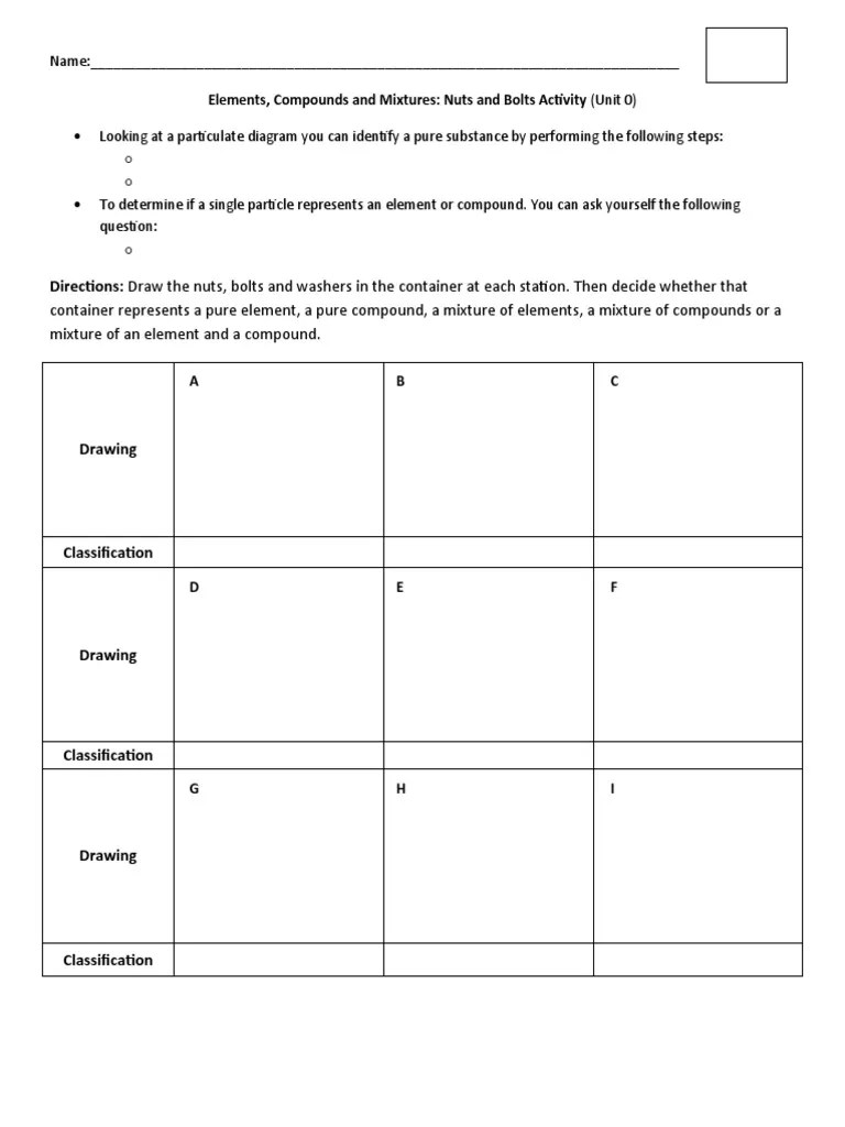 Elements Compounds and Mixtures Nuts and Bolts Activity PDF