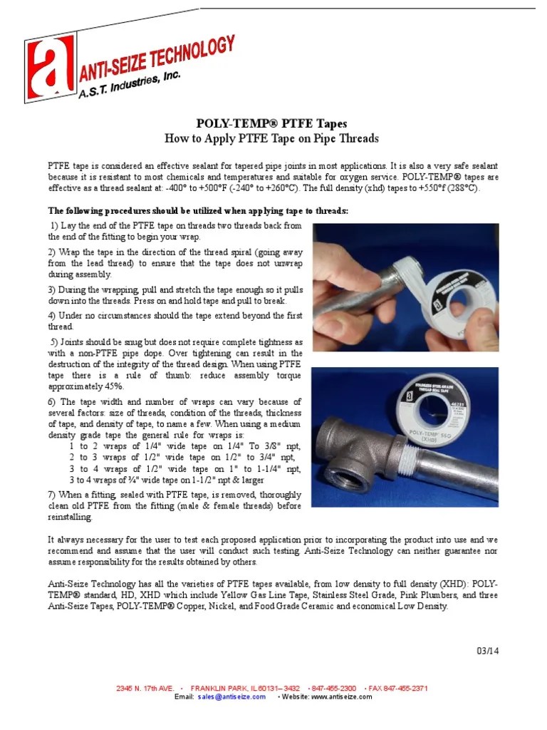 How To Apply PTFE Tape On Pipe Threads PolyTemp® Ptfe Tapes PDF
