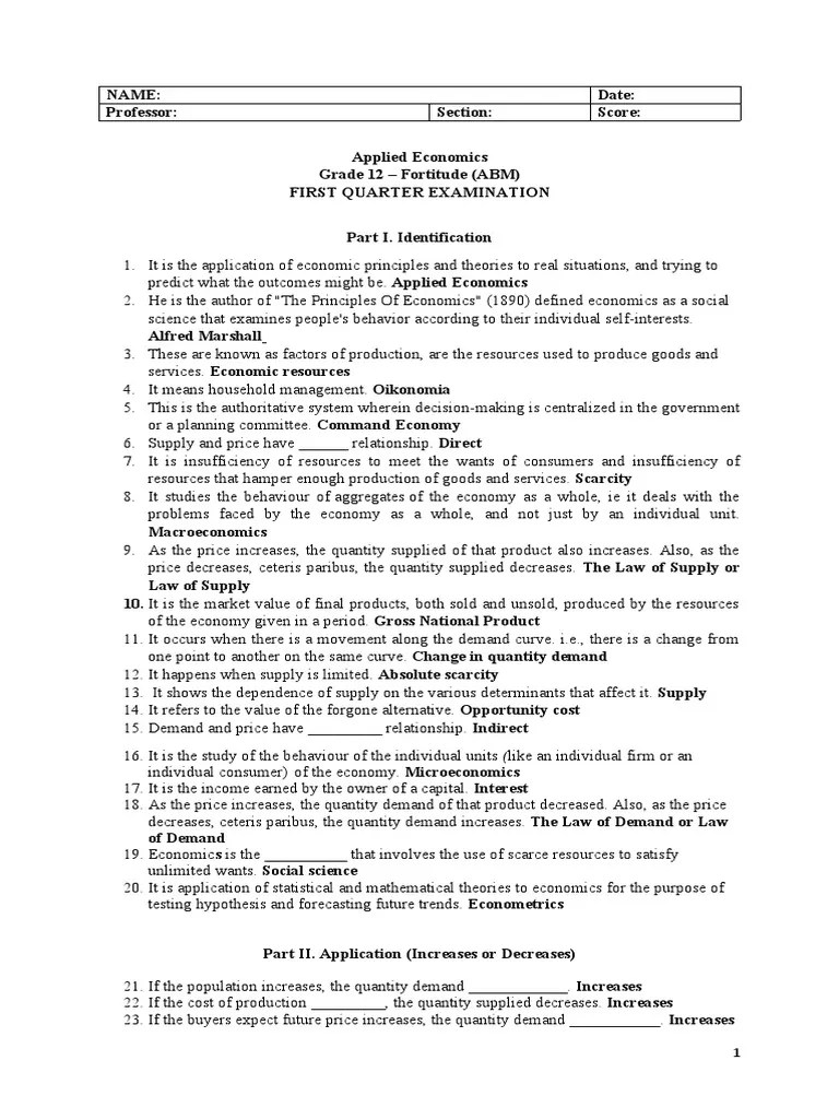 Econ - Q1 - Exam - Answer Key Final | PDF | Demand | Economics