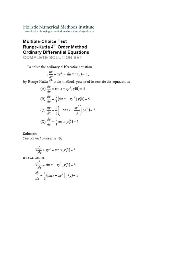 MultipleChoice Test RungeKutta 4 Order Method Ordinary Differential