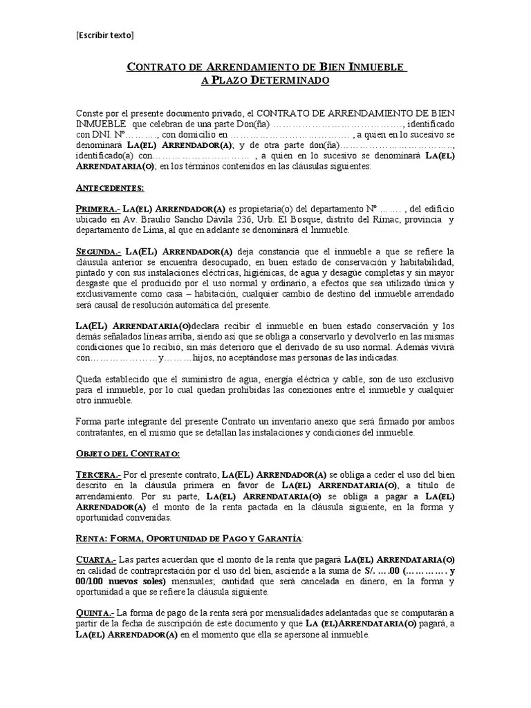 modelo de Contrato de Arrendamiento de Bien Inmueble