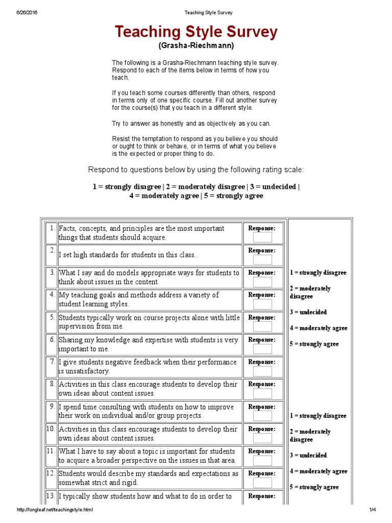 Teaching Style Survey Grasha Riechmann PDF Expert Learning Styles