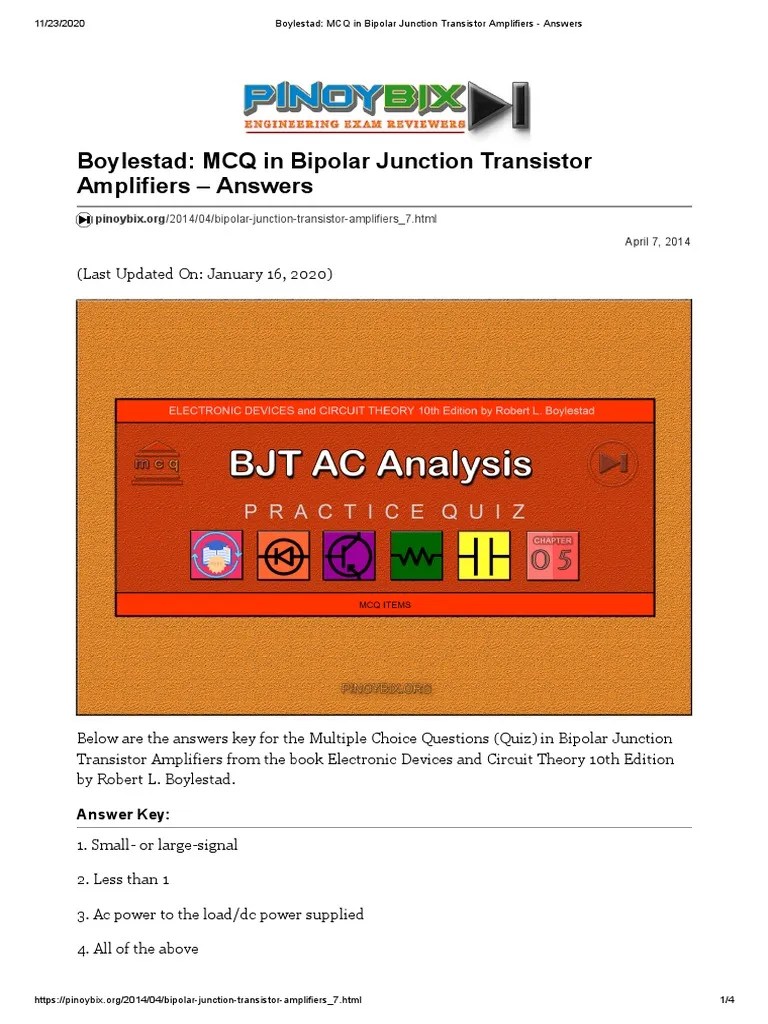 Boylestad MCQ in Bipolar Junction Transistor Amplifiers Answers PDF Bipolar Junction