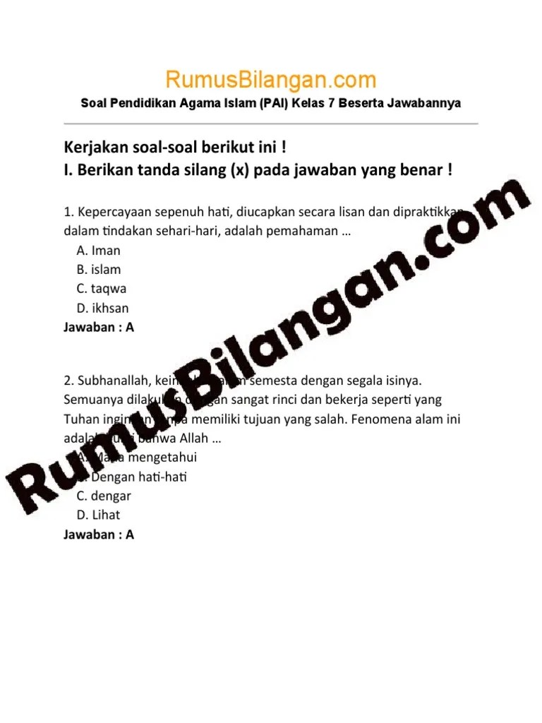 Soal Pendidikan Agama Islam (PAI) Kelas 7 Beserta Jawabannya | PDF