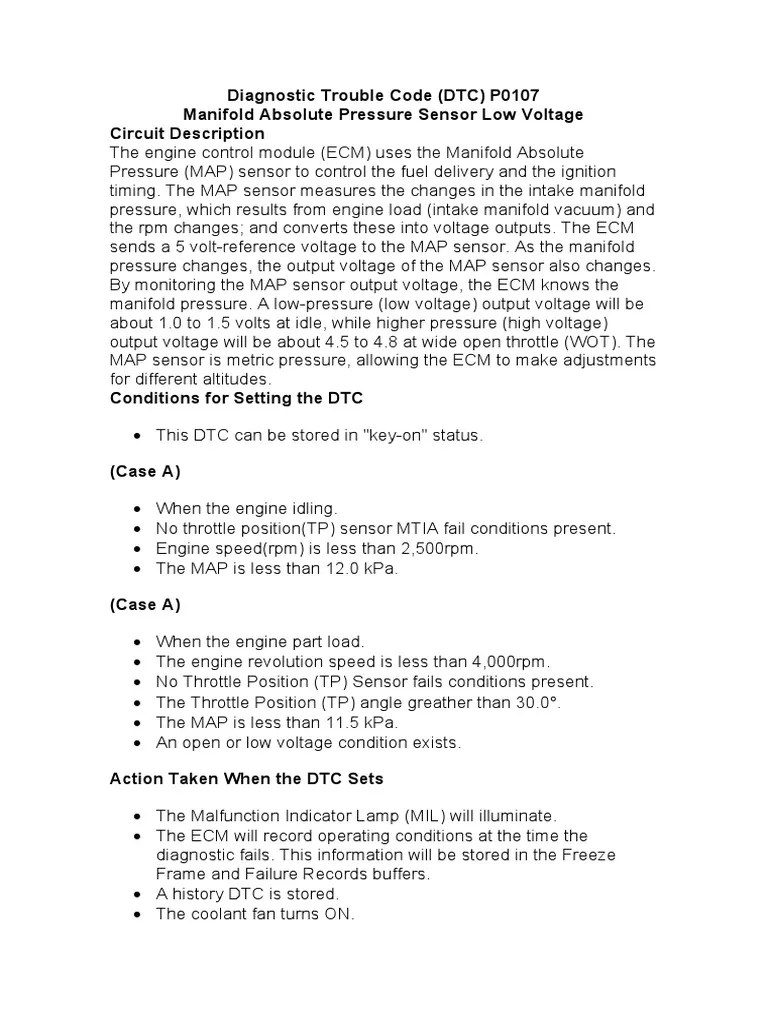 Diagnostic Trouble Code (DTC) P0107 Manifold Absolute Pressure Sensor