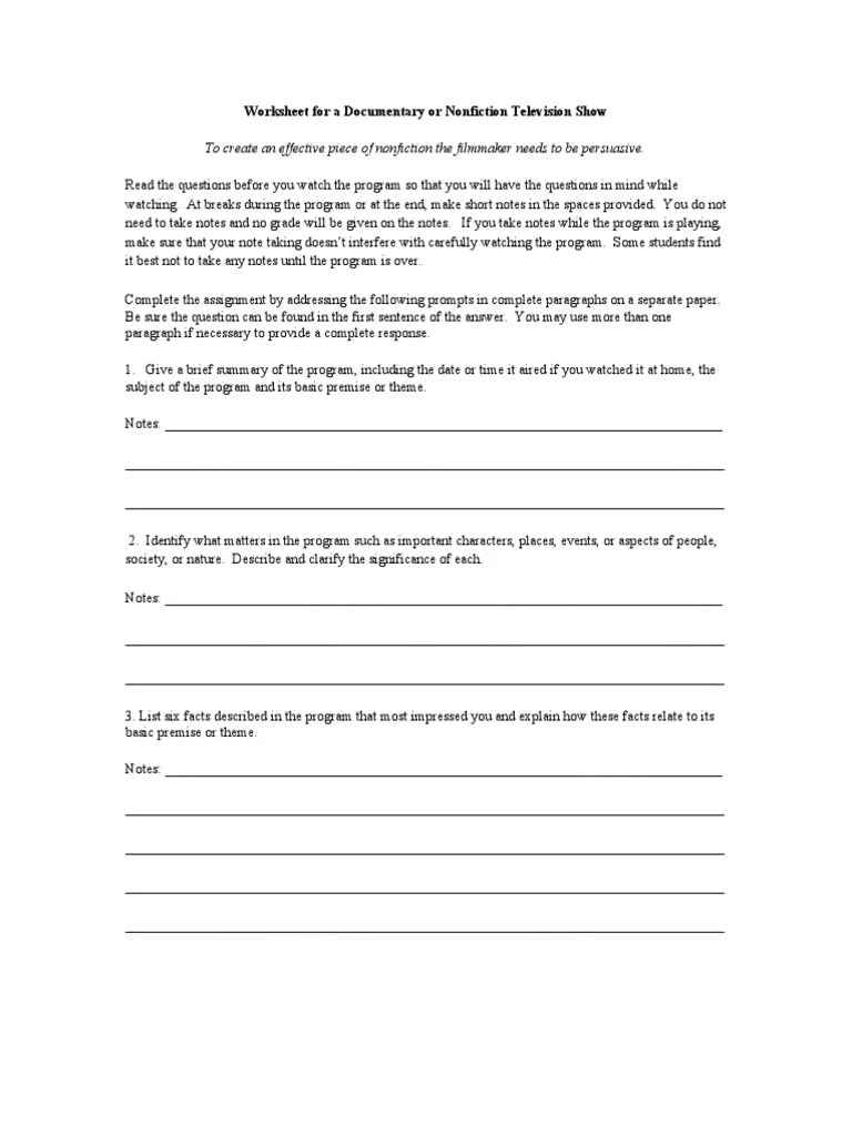 Film Study Worksheet Documentary TV PDF Cognition