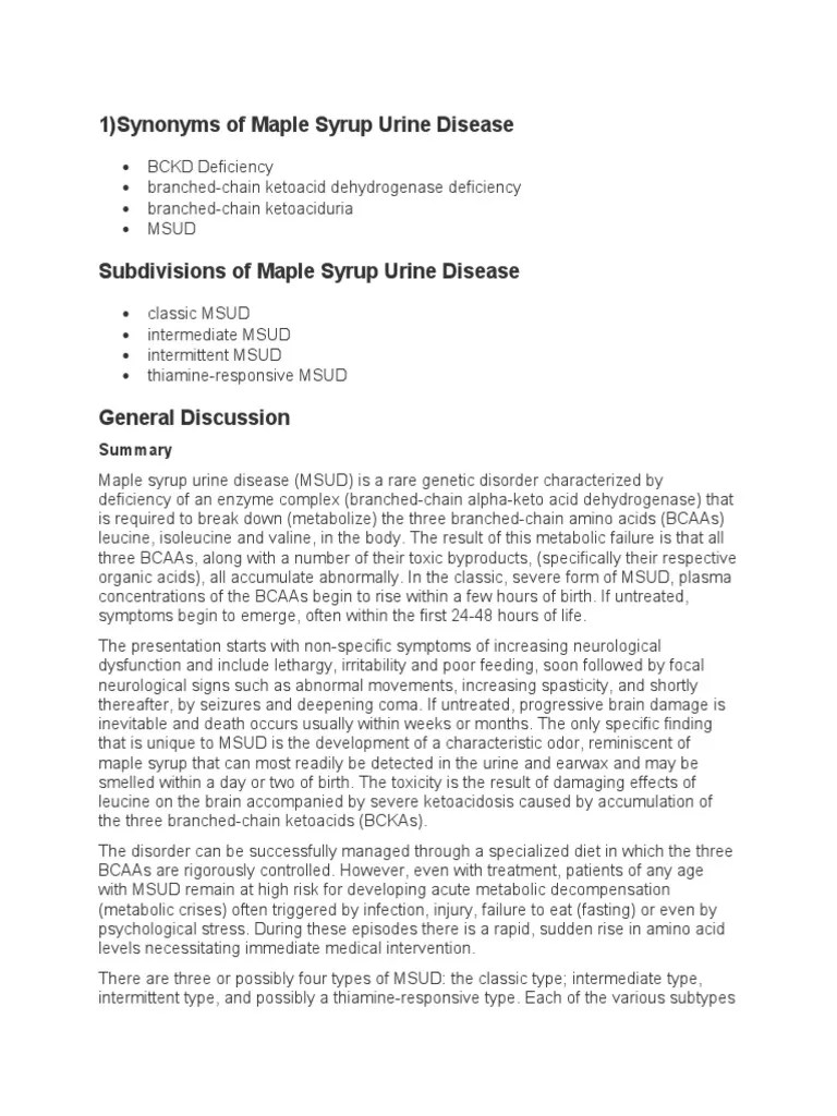 Maple Syrup Urine Disease PDF Leucine Biochemistry