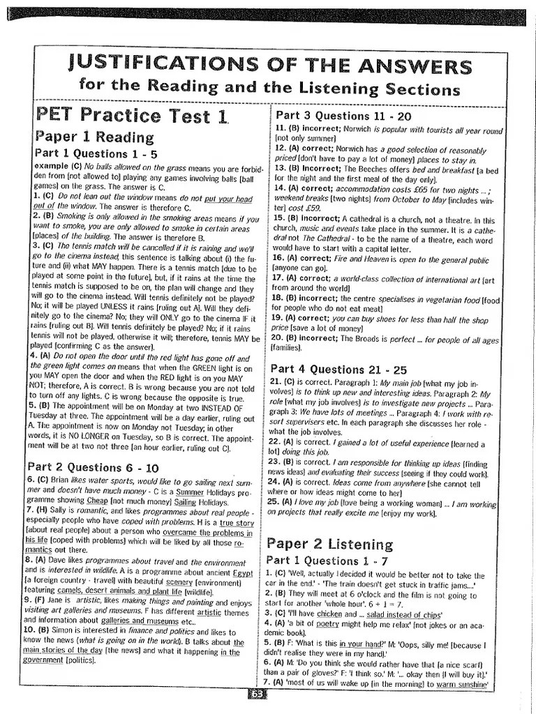 PET Guide Reading &answer Key | PDF
