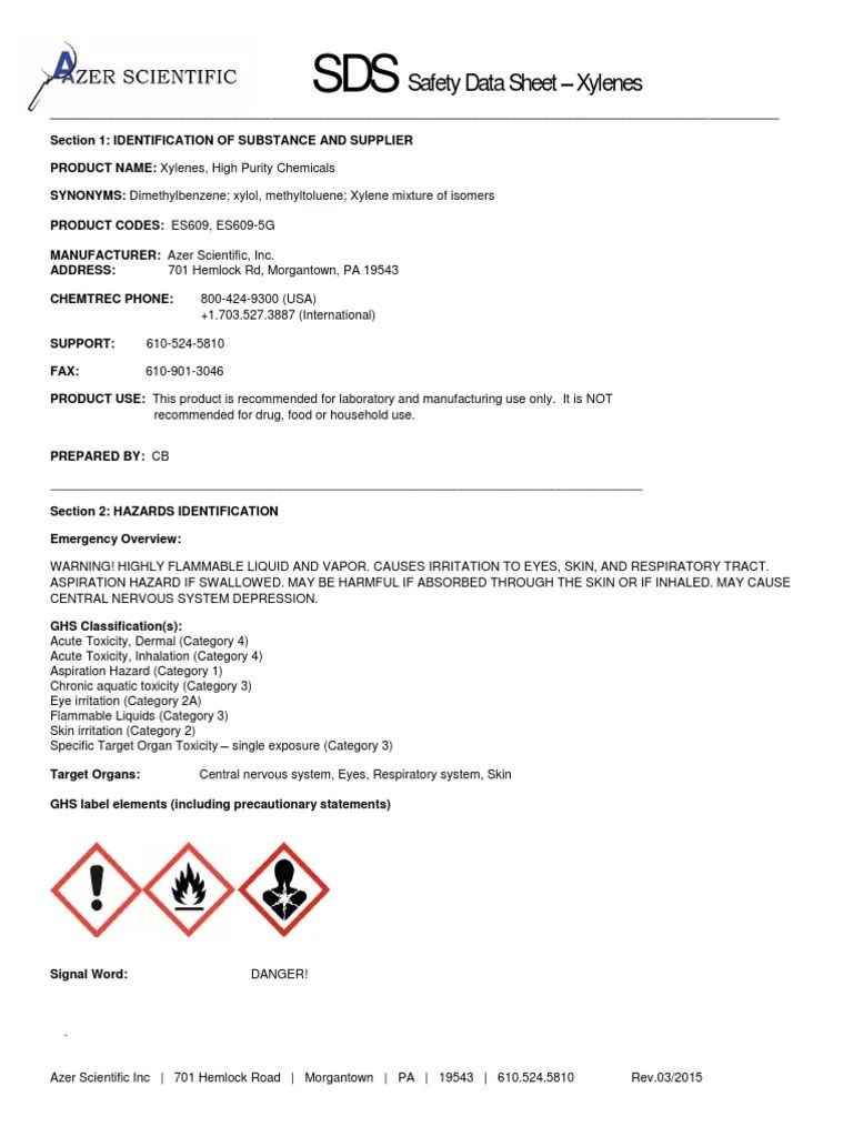 Safety Data Sheet Xylenes PDF Toxicity Benzene
