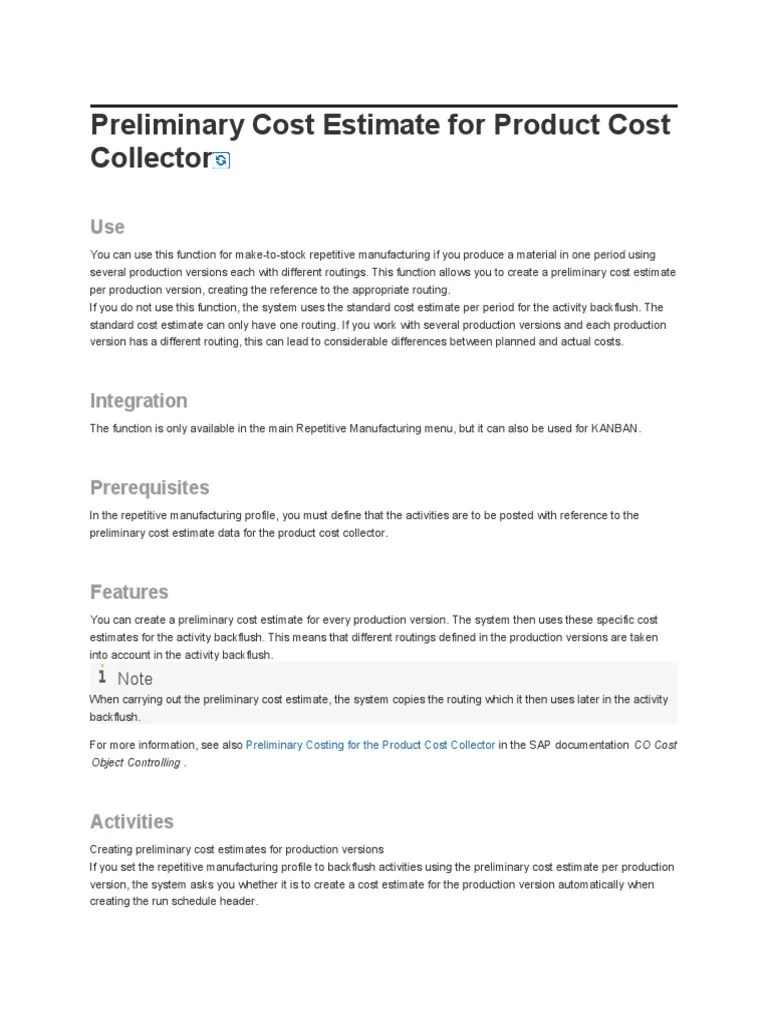 Preliminary Cost Estimate For Product Cost Collector PDF Cost Routing