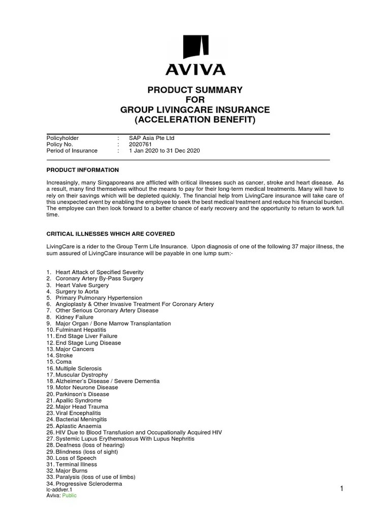 Product Summary FOR Group Livingcare Insurance (Acceleration Benefit