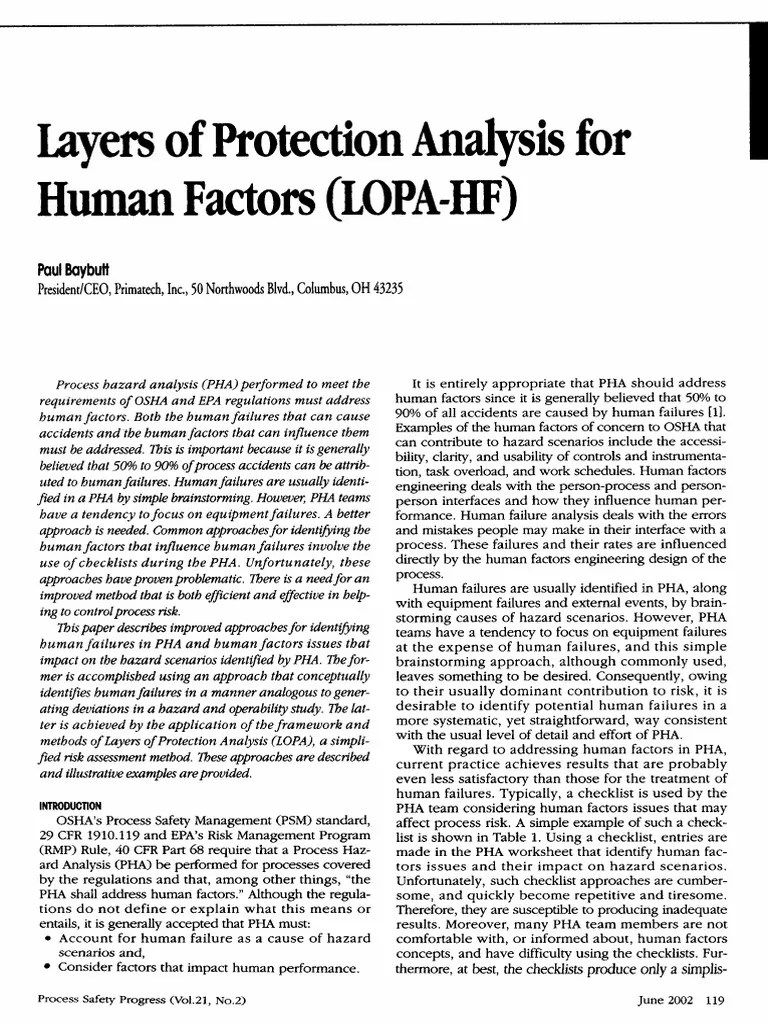 Layers of Protection Analysis For Human Factors (LOPAHF) PDF Risk